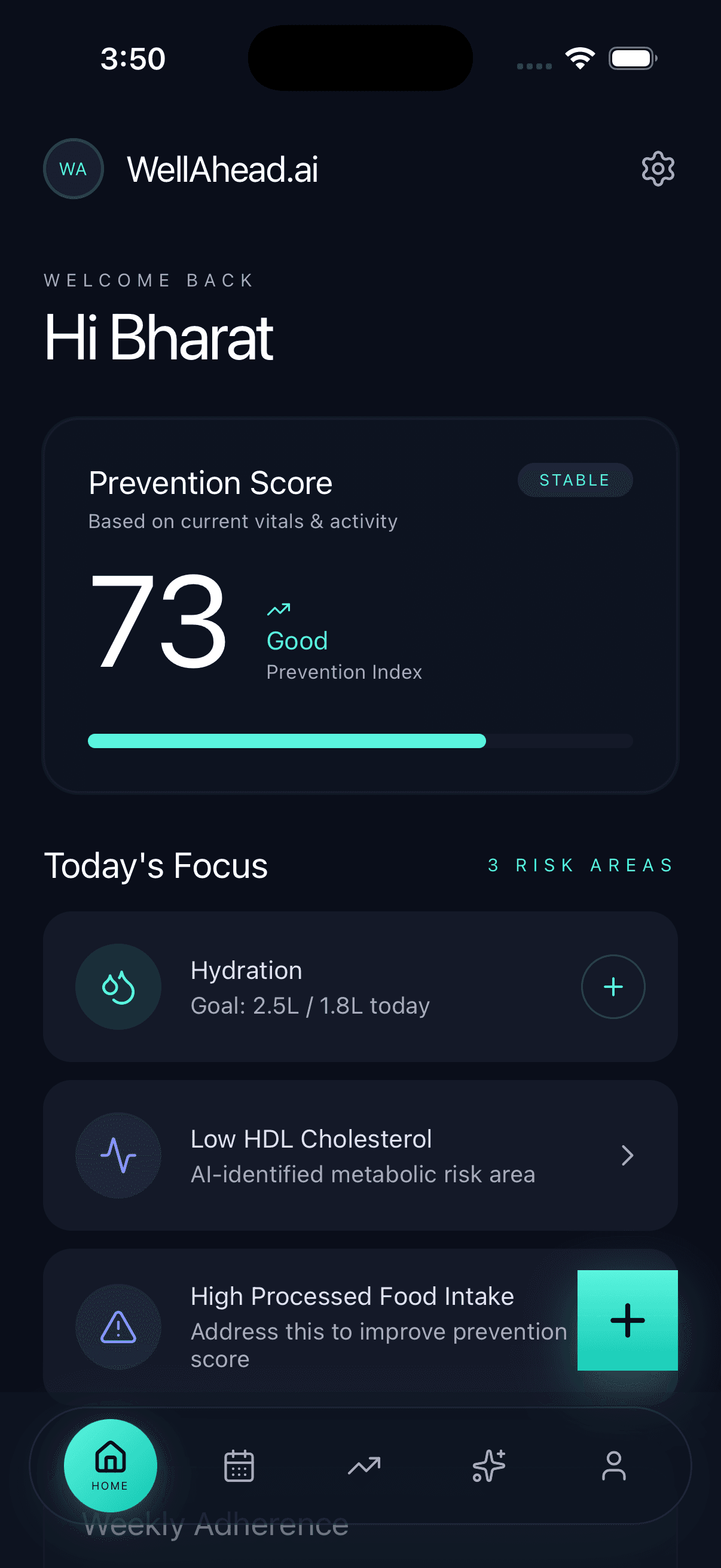 SvasthaX app home screen showing Prevention Score of 73, Today's Focus items including Hydration goal, Low HDL Cholesterol risk area, and High Processed Food Intake alert